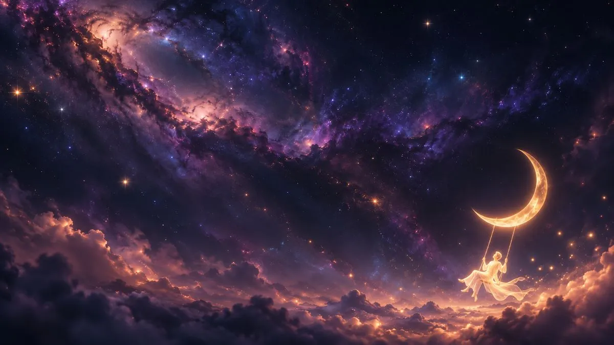 極簡留白構圖,大片深紫色星空與斜過天際的星雲帶,右下方一彎發光的金色新月垂下鞦韆,一位由光構成、短髮的男子坐在上面輕快地盪著,下方是被霞光照亮的雲海