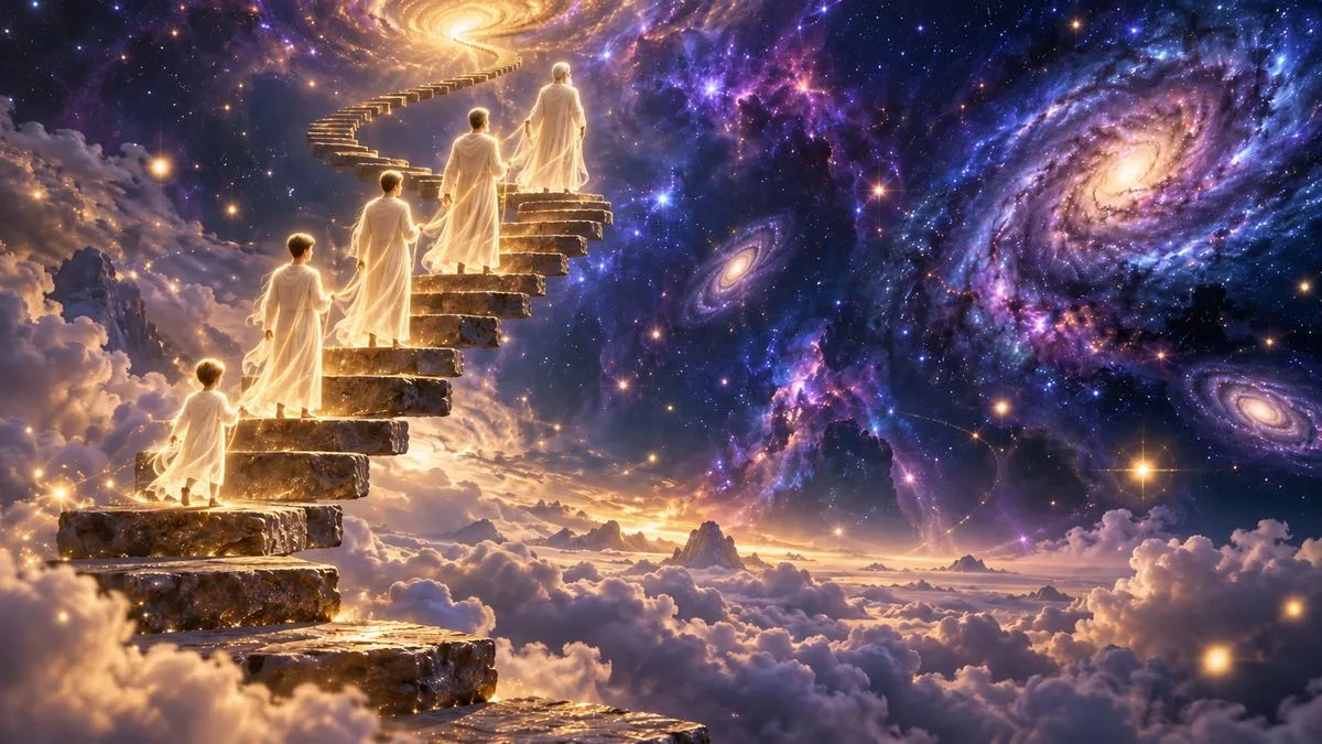 三分法則偏左,畫面左側一道漂浮的石階螺旋升向靛紫色星空,五個身穿發光長袍的男性身影站在不同階上,從最下面的小男孩、少年、青年、中年,一路到接近頂端的白髮長者,右側是星雲與螺旋星系,下方是雲海
