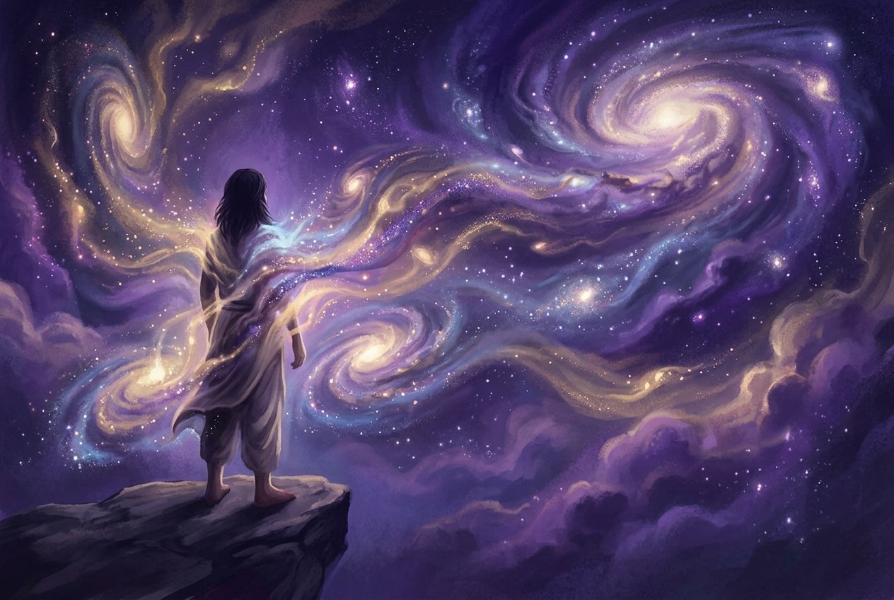 人影站在無邊曠野仰望銀河，身體輪廓與星空逐漸融合，邊界消失於宇宙之中