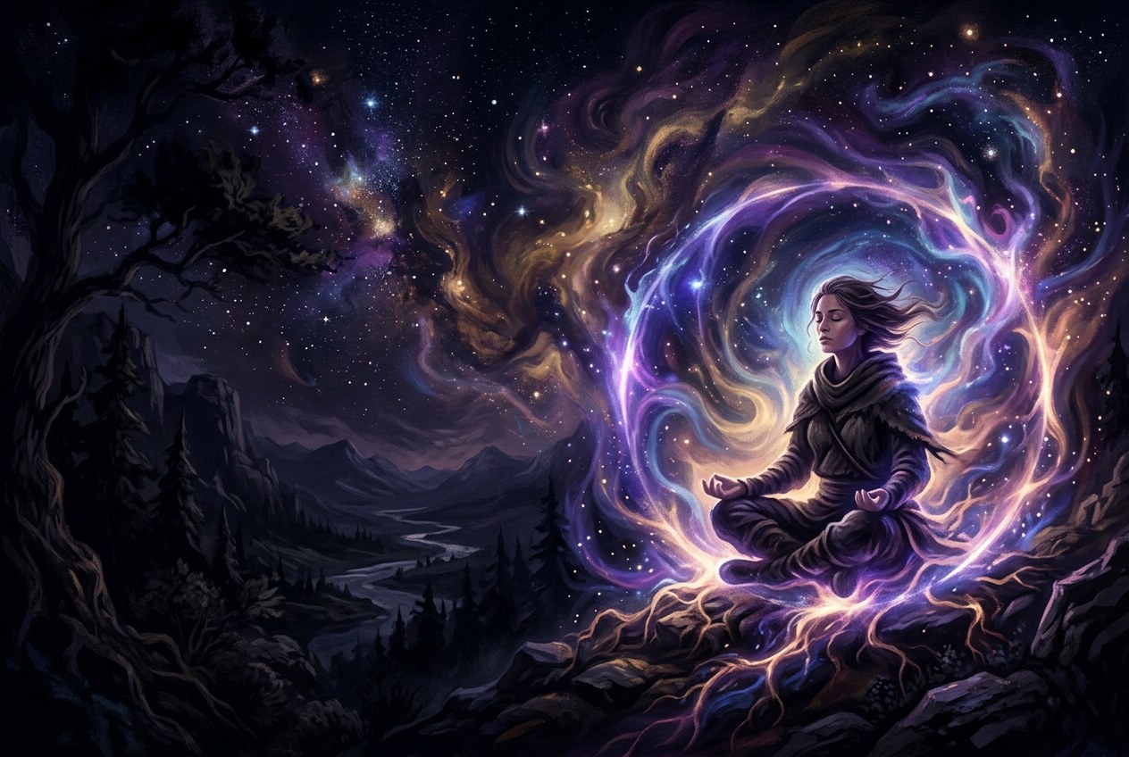 深夜曠野中,一個人盤腿坐在發光的圓形能量場內,周圍星雲流動,人與宇宙之間的邊界模糊消融