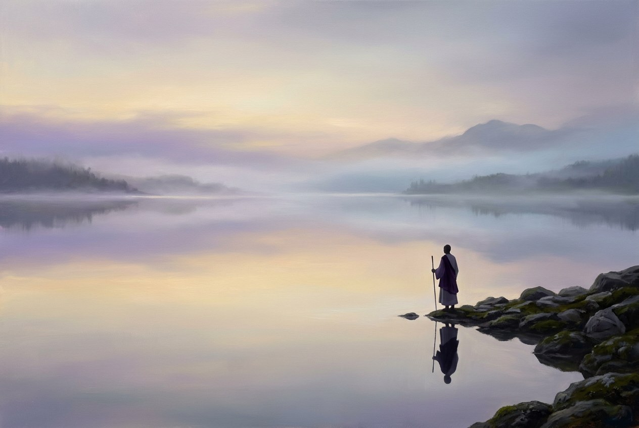 清晨薄霧中一個人站在湖邊,倒影清晰而完整,天空與水面連成一片,人影置於其中顯得渺小而寧靜
