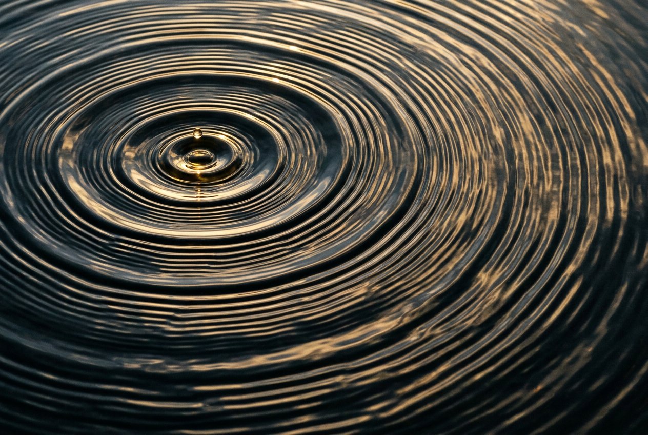 俯拍水面漣漪從單一水滴衝擊點向外擴散，同心圓充滿整個畫面，傍晚斜光在水面形成明亮高光與暗色波谷，衝擊點位於左上三分之一處