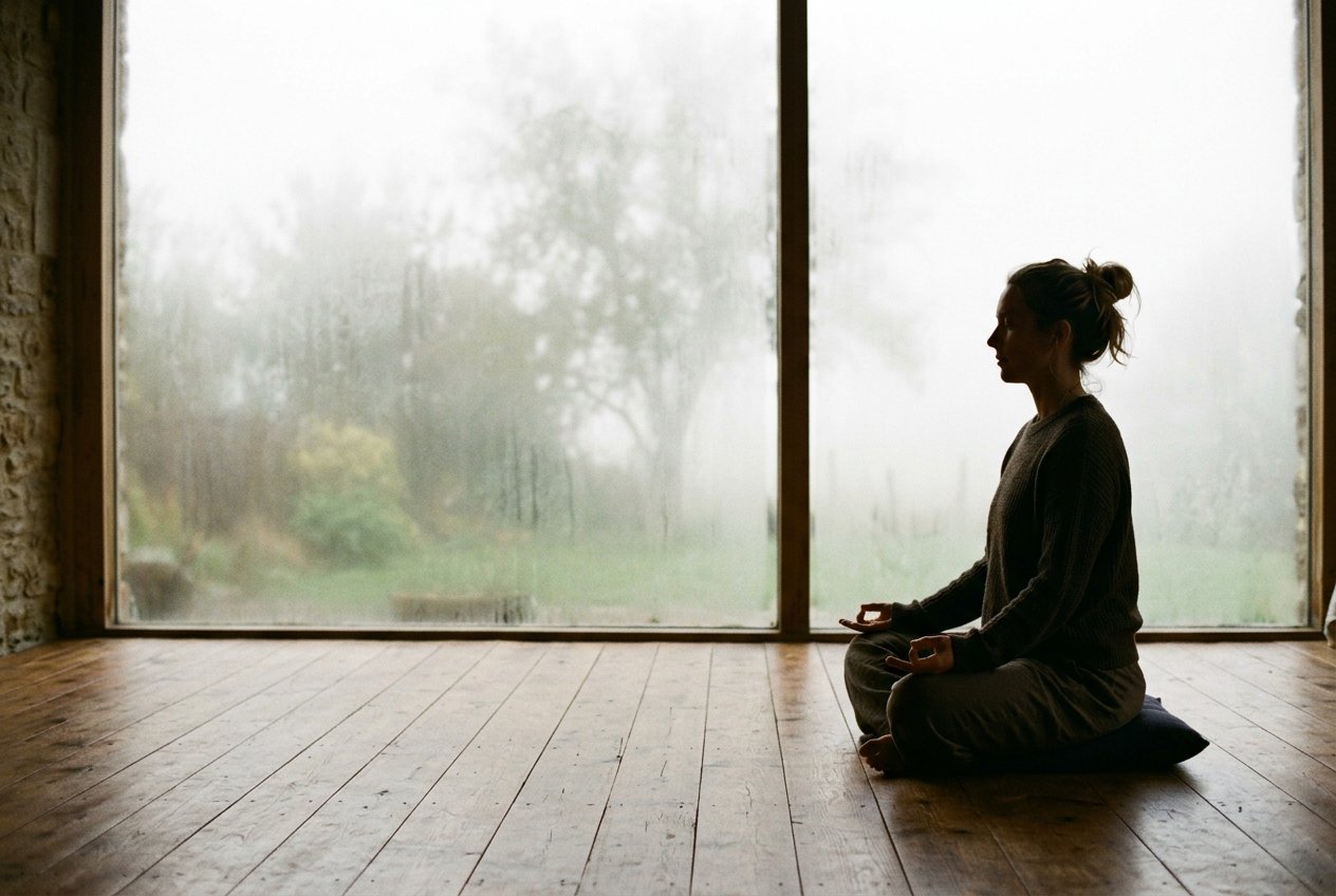 人物側面盤腿坐於木地板，面對大型磨砂玻璃窗，晨霧隱約可見，剪影輪廓映在白亮散射光中，人物位於畫面右三分之一，左側大片光暈留白