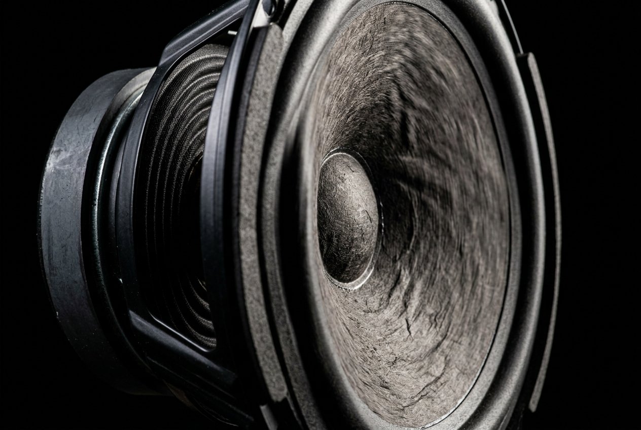 音箱喇叭紙盆側面特寫，單側強光打出細緻紙盆紋理與周圍橡皮邊的幾何陰影，黑色背景，喇叭佔畫面右半側