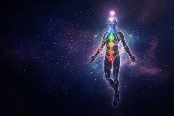 星空背景下一張發光的人體能量地圖懸浮展開，九個脈輪般的能量中心閃爍著不同顏色光芒，象徵人類圖系統揭示每個人獨特的能量設計