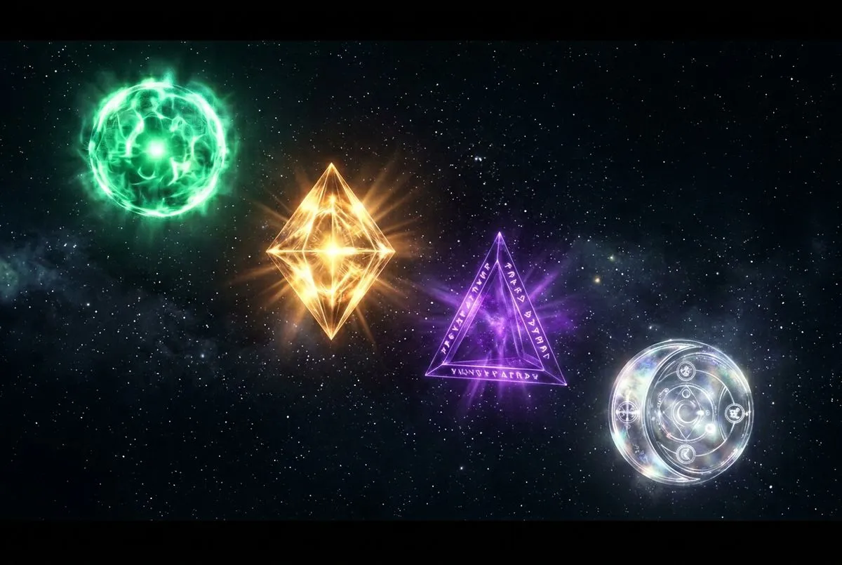 四個發光的能量幾何結構懸浮在深色宇宙背景中，分別為發光綠色圓形、琥珀金色菱形、靛紫色三角形與銀白色月相圓盤，象徵人類圖四大類型各自的能量形態與節奏
