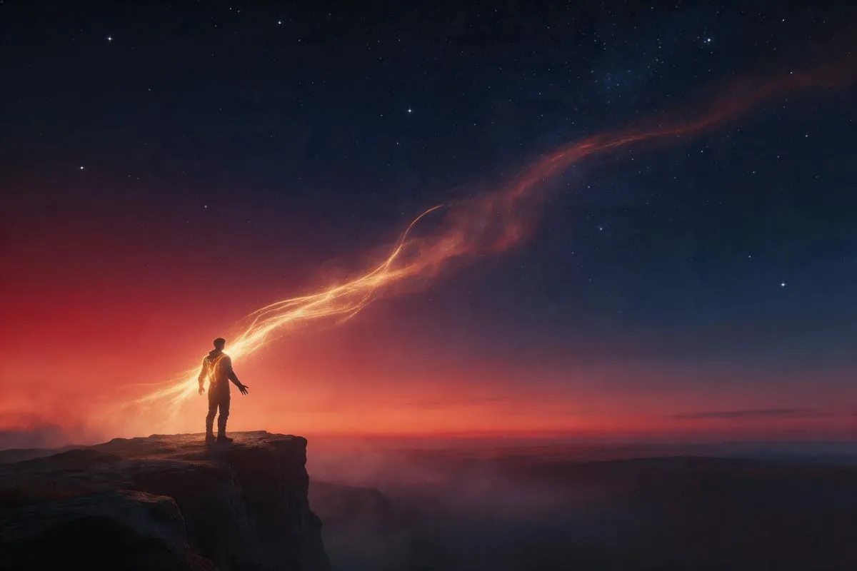 一個人影站在懸崖邊緣，面朝開闊的星空伸展雙臂，身後有金紅色能量線向前方延伸，象徵顯示者啟動新事物與告知他人的獨立能量
