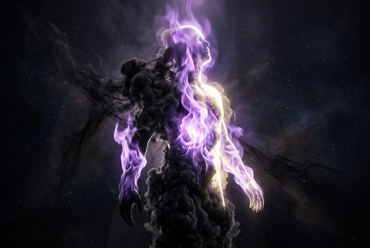人形輪廓中充滿黑色濃煙,一道由下往上燃起的紫色火焰將煙霧逐漸清除,留下純白光芒