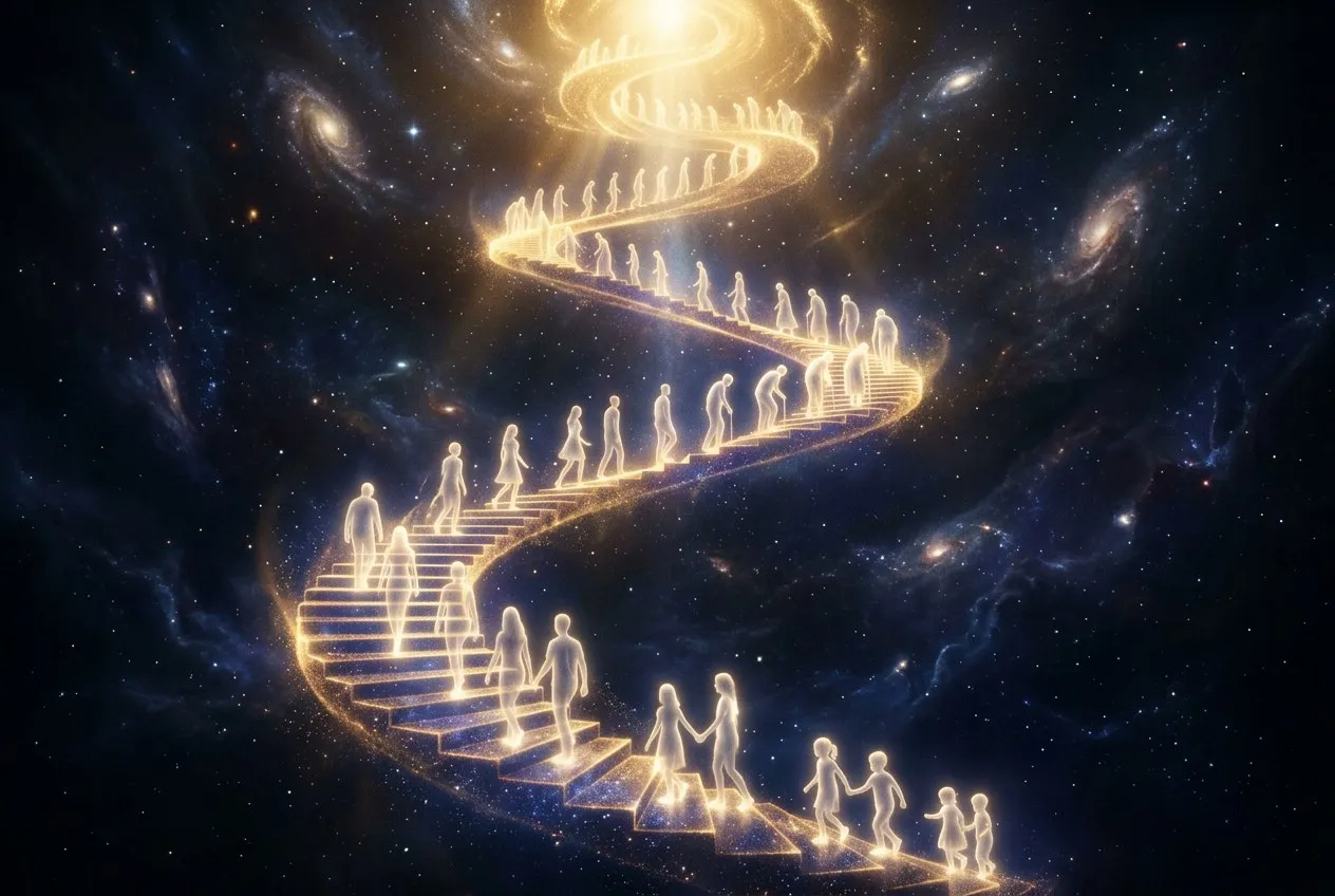 發光螺旋階梯在宇宙黑暗中升騰,每一階有不同生命階段的人形光影,藍金色光芒俯射