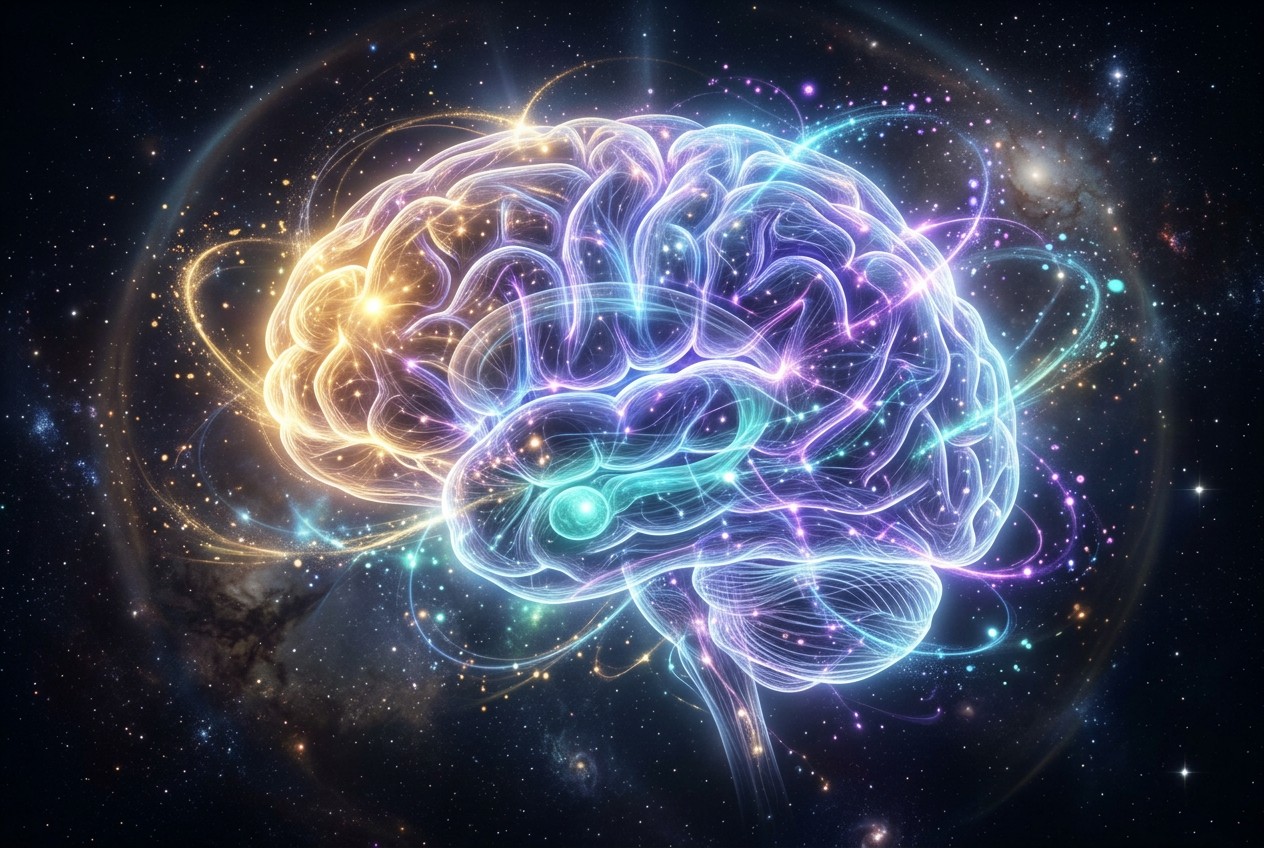 冥想時大腦神經迴路發光示意，前額葉皮質呈金色、杏仁核轉為冷靜藍綠色