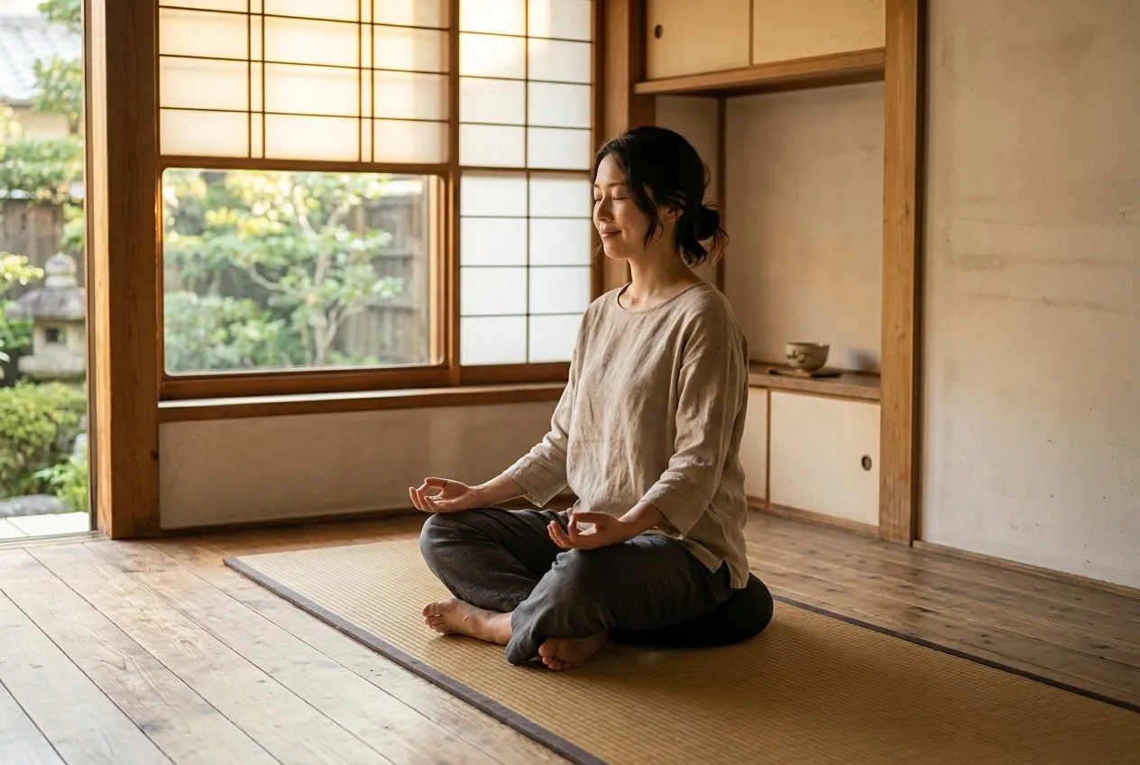 一人靜坐冥想，晨光透過窗戶灑落，雙手輕放膝上，表情平靜祥和