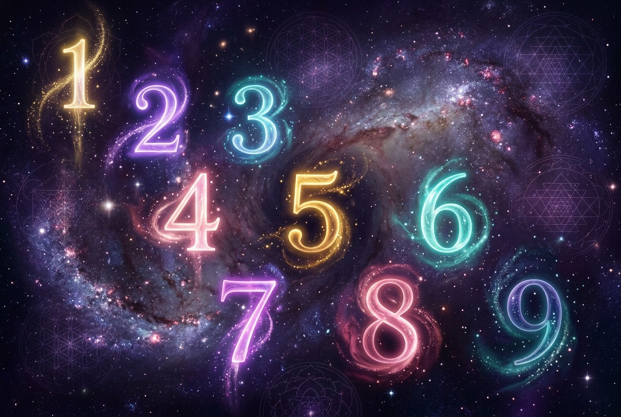 宇宙星空中漂浮著發光的阿拉伯數字，金紫色光芒從數字中心輻射而出，象徵生命靈數的神聖力量