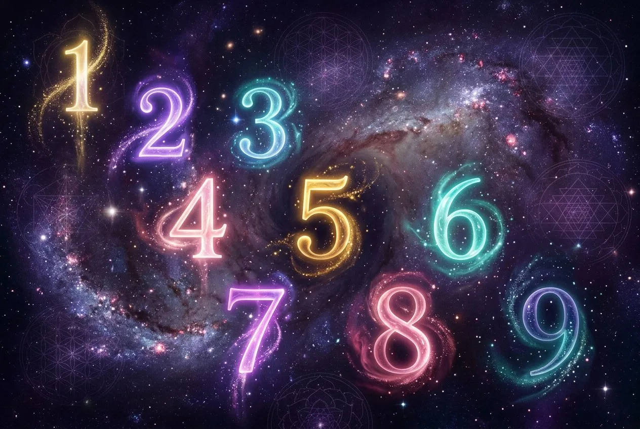 宇宙星空中漂浮著發光的阿拉伯數字，金紫色光芒從數字中心輻射而出，象徵生命靈數的神聖力量