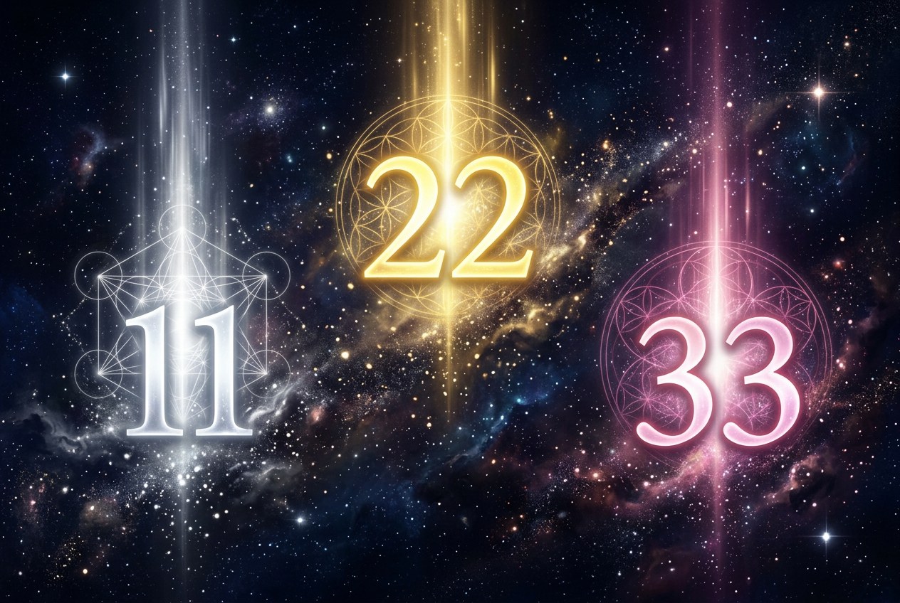 三個發光的主數 11、22、33 漂浮在深紫色宇宙中，每個數字發出不同色調的光暈，背景有隱約的神聖幾何圖案與星塵