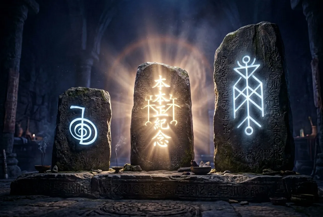 靈氣三個等級的象徵符文刻在石板上，柔和神聖的光從石板中心向外散發，背景是深空藍