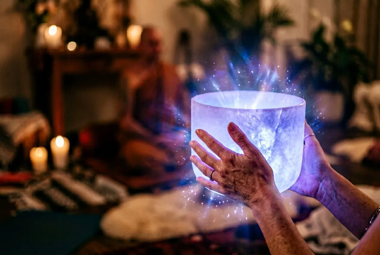 一雙手從上方輕握一只發光的水晶缽，缽內映出柔和的藍紫色光，背景虛化為幽靜的室內空間