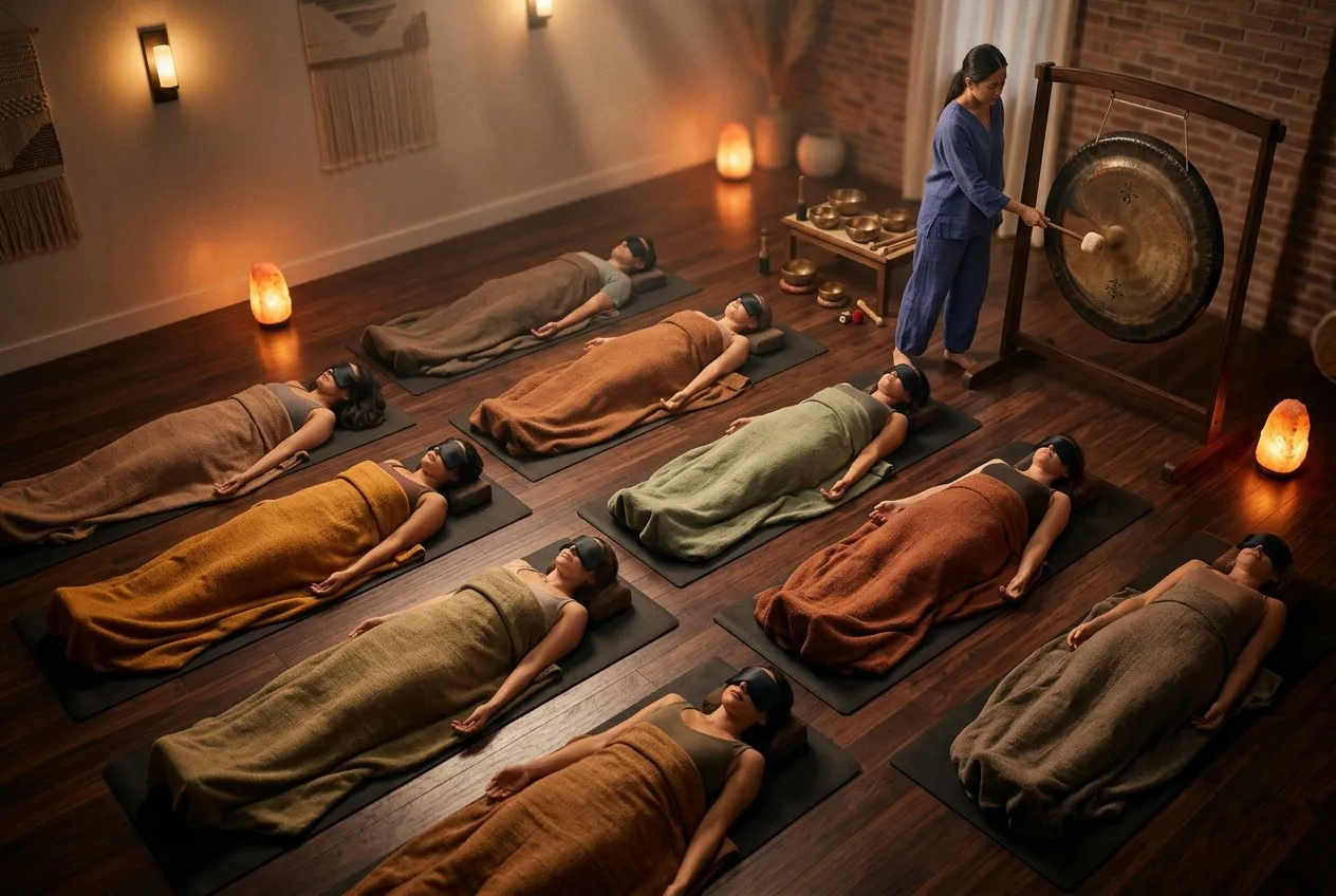 多名參與者並排躺在瑜伽墊上，眼枕遮眼，療癒師在旁邊輕擊銅鑼，暖黃燈光，空間安靜而溫柔