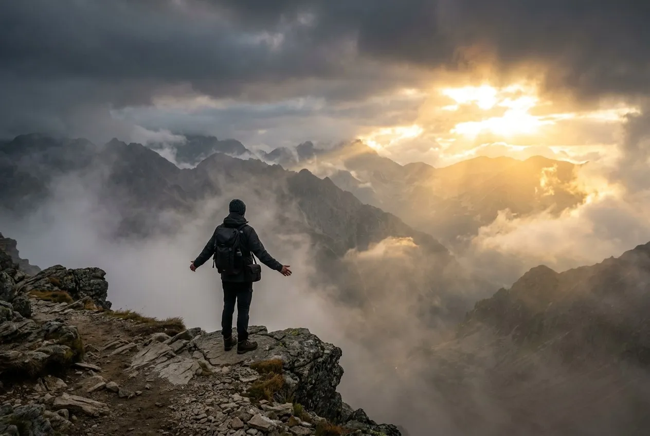 寬景電影感構圖，孤獨背影站在山霧邊緣，位於畫面左下三分之一，右上金光破雲而出