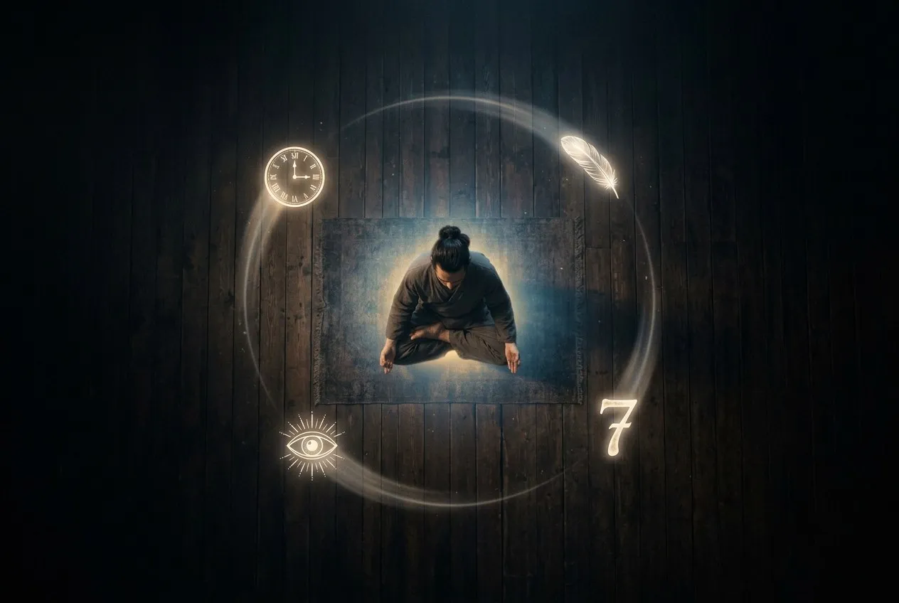 俯視盤坐者，周圍環繞鐘、羽毛、數字等發光符號，極簡負空間構圖