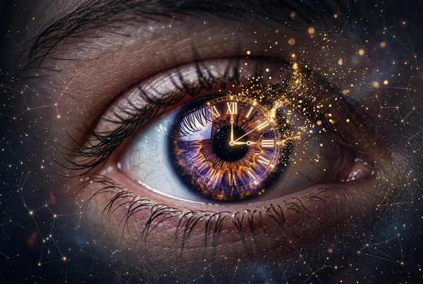 人眼特寫，瞳孔中倒映著溶解成金色光粒的鐘面，周圍環繞幾何星座