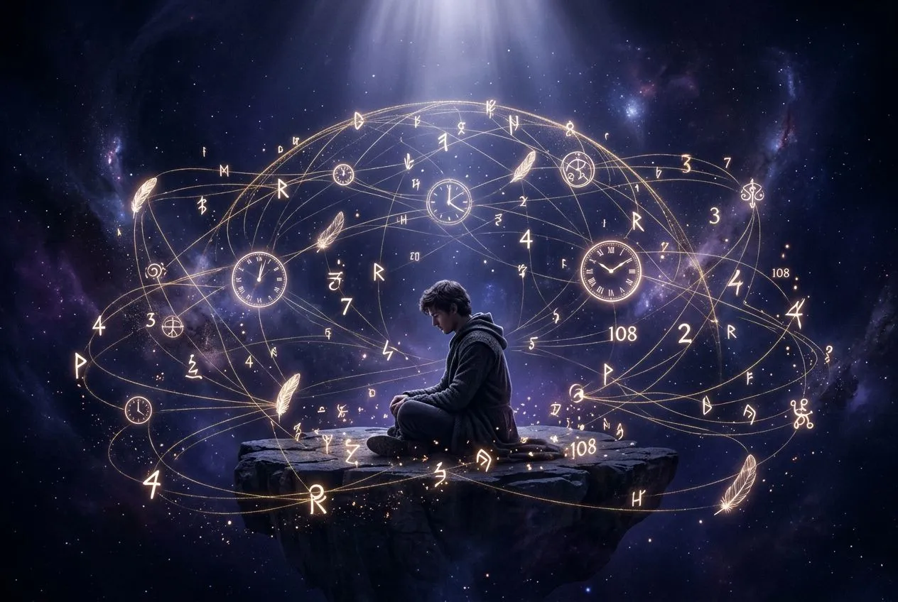 人眼特寫，瞳孔中倒映著溶解成金色光粒的鐘面，周圍環繞幾何星座