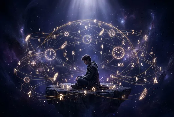 人眼特寫，瞳孔中倒映著溶解成金色光粒的鐘面，周圍環繞幾何星座