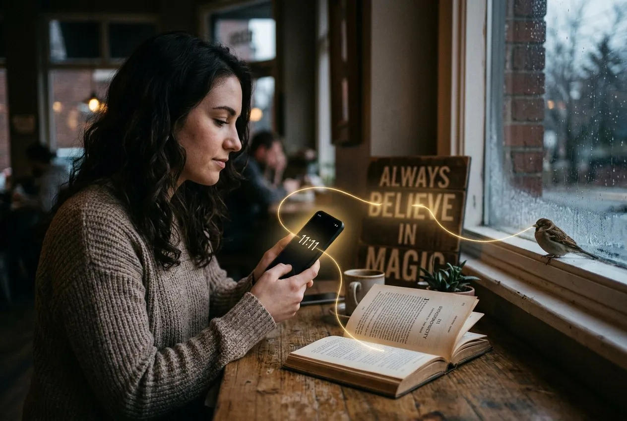 手機螢幕顯示11:11，一道金色光絲悄悄連結周圍的書本、窗外鳥影與桌上文字