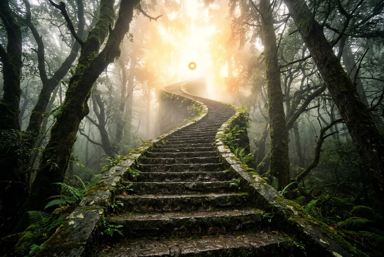 從古老石階底部仰拍，階梯穿越霧氣樹林向上蜿蜒，頂端融入燦爛光芒，強迫透視感