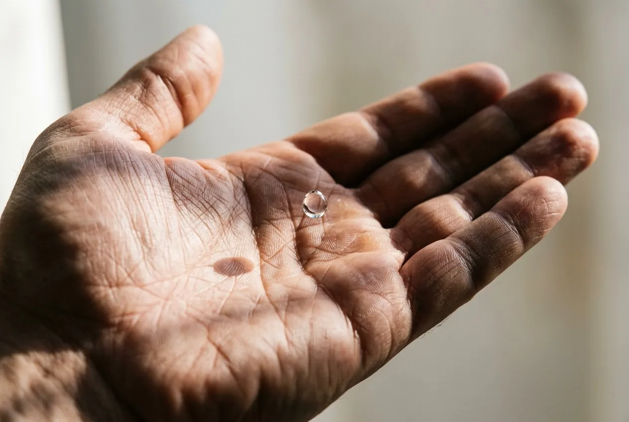 極致特寫，一隻掌心朝上的手，晨光從左側斜入投出細長掌紋陰影，一滴水珠懸浮掌心正上方