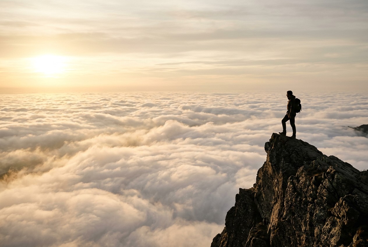 孤獨人影側面剪影站在雲霧山頂，位於畫面右三分之一，左側大片留白為雲海，金色側光勾勒輪廓