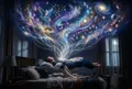 一個人在夢中漂浮於深邃宇宙，周圍有發光的符號與意象流動，象徵夢境傳遞訊息