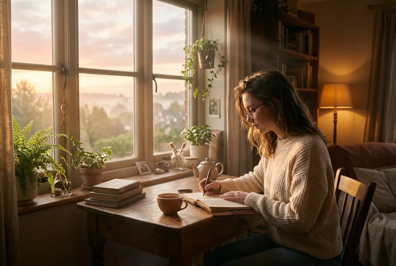 清晨窗邊,一個人剛醒來,手握筆在筆記本上寫下夢境,窗外是初升的朝陽,桌上有一杯熱茶,氛圍溫柔而清醒