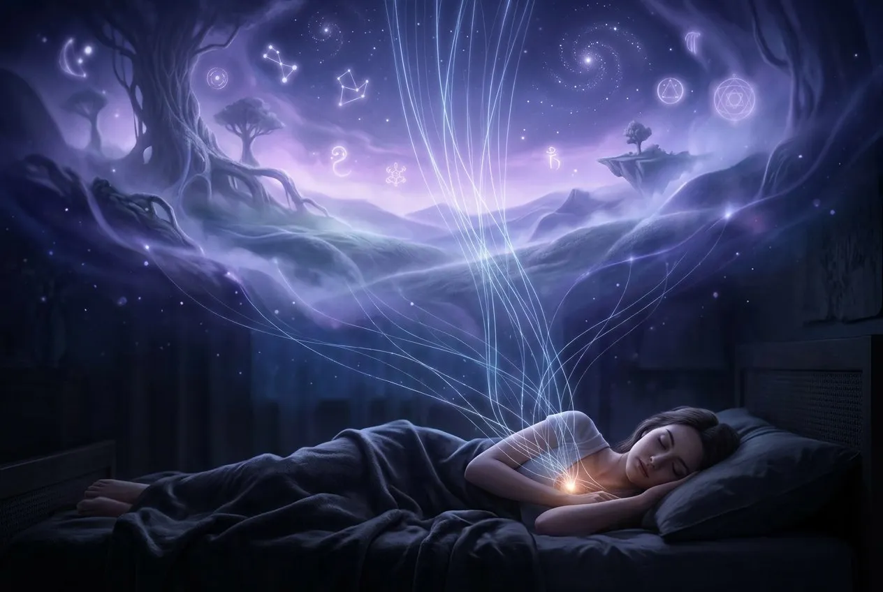 一個人躺在黑暗中沉睡,身體上方浮現出透明的夢境世界,有光之符號、飄動的景象與細絲般的光連著心口,神秘靜謐氛圍