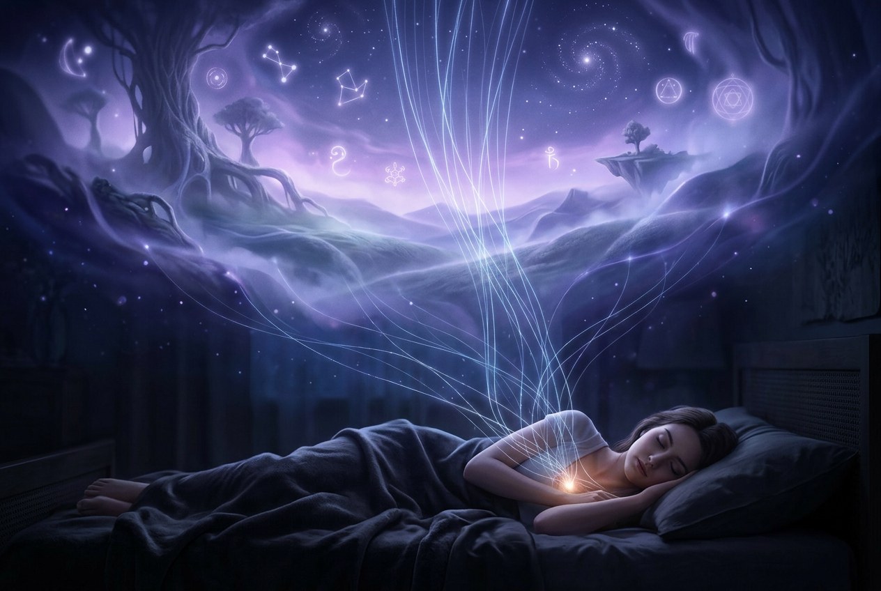 一個人躺在黑暗中沉睡，身體上方浮現出透明的夢境世界，有光之符號、飄動的景象與細絲般的光連著心口，神秘靜謐氛圍