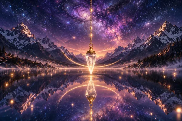 正面置中對稱，一只白水晶靈擺掛在綴著金色光點的細鏈下，懸在夜晚雪山湖泊鏡面般的水面上方，擺過的軌跡化成一道金色光弧，靈擺與光弧都倒映在湖面上，兩側是對稱的雪峰與森林，上方是紫色銀河與漩渦星系