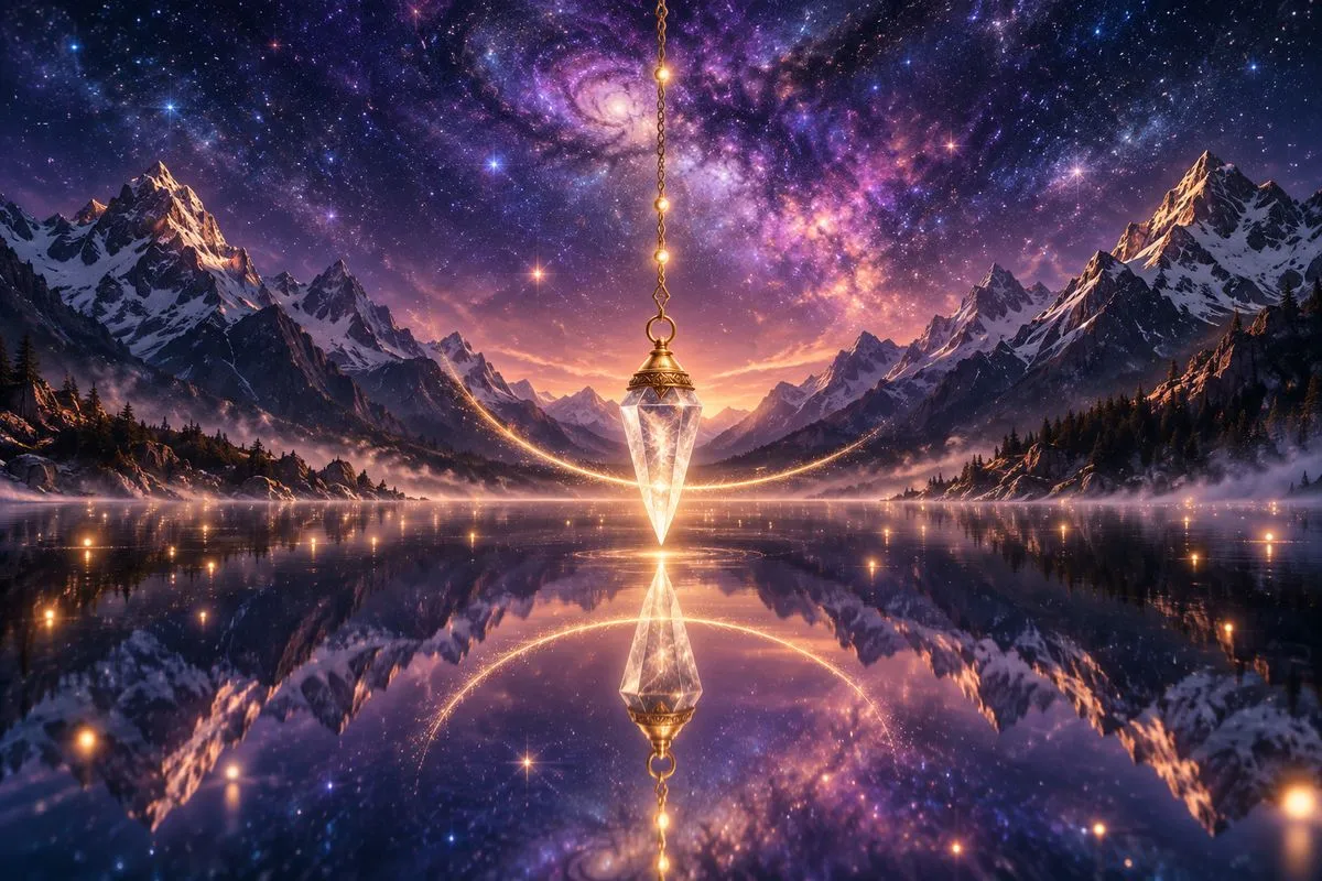 正面置中對稱，一只白水晶靈擺掛在綴著金色光點的細鏈下，懸在夜晚雪山湖泊鏡面般的水面上方，擺過的軌跡化成一道金色光弧，靈擺與光弧都倒映在湖面上，兩側是對稱的雪峰與森林，上方是紫色銀河與漩渦星系